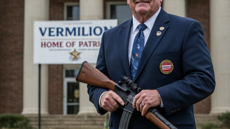 Vermilion veteran Clifford "Big Cliff" Thibodeaux wearing a "Patriot" pin and holding a rifle, standing in front of the Vermilion City Hall with "Vermilion: Home of Patriots" sign