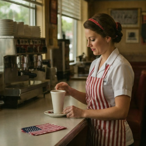 waitress in vintage diner apron refilling coffee cup at a "Patriot Cafe" counter with American flag napkins