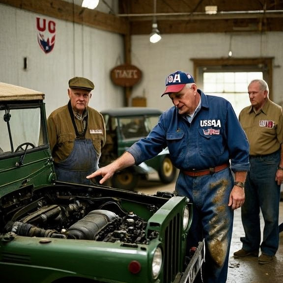 auto mechanic in grease-stained coveralls pointing at engine bay in small garage