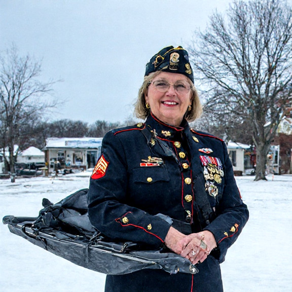 retired Marine in vintage uniform with a Freedom Sled strapped to his shoulder, standing proudly on Vermilion's Veterans Memorial Park overlooking Lake Erie