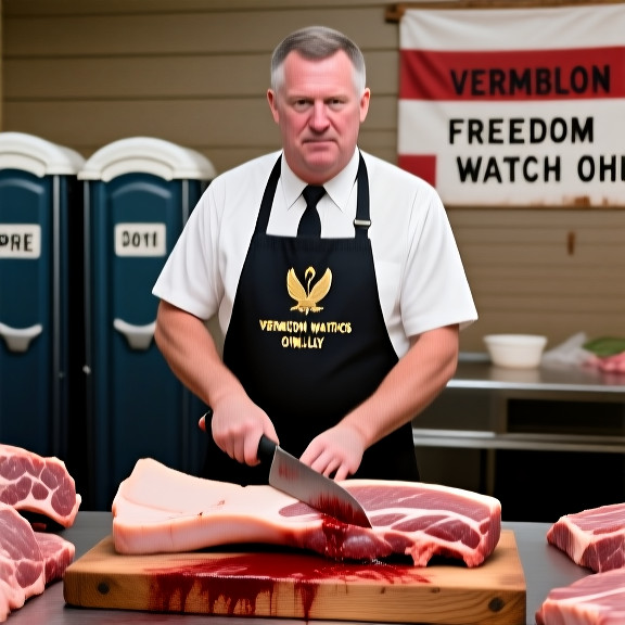 butcher in bloodstained apron slicing thick pork belly on a wooden block at a Vermilion butcher shop counter