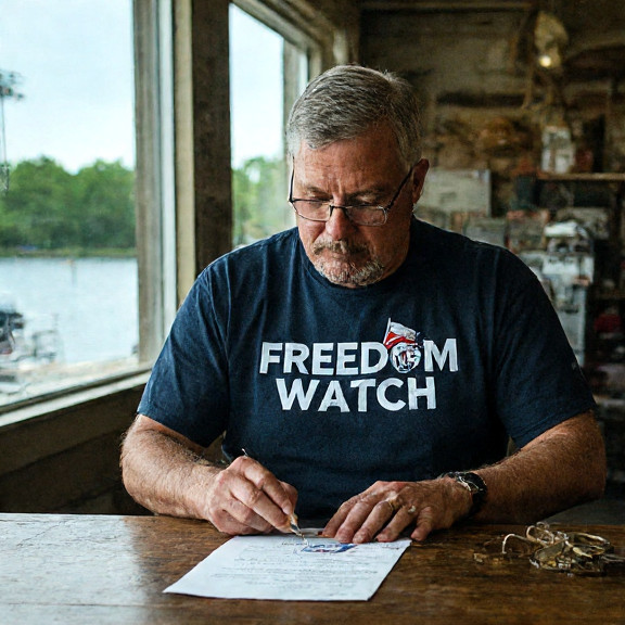 postal worker in faded "Freedom Watch" shirt stamping envelopes with a 'Patriot Tax' logo at a Vermilion post office