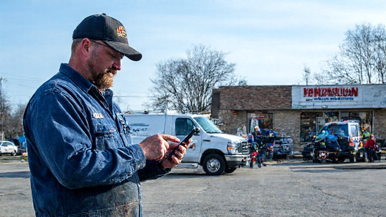 auto mechanic in grease-stained coveralls pointing at a weather app on his phone outside a Vermilion auto shop