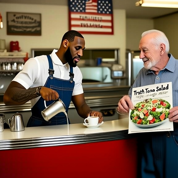waitress in vintage diner uniform pouring coffee for an elderly customer at a red Formica counter, holding a "Truth Tuna Salad" menu