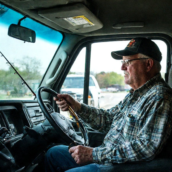 truck driver in a cab holding a fishing rod, looking at a map with 'Vermilion Patriots for Rods' sticker on the window