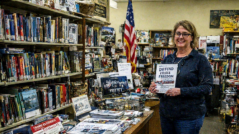librarian in spectacles holding a book titled "Constitutional Prowess" while standing beside a "Patriot Point" display case in a small-town library