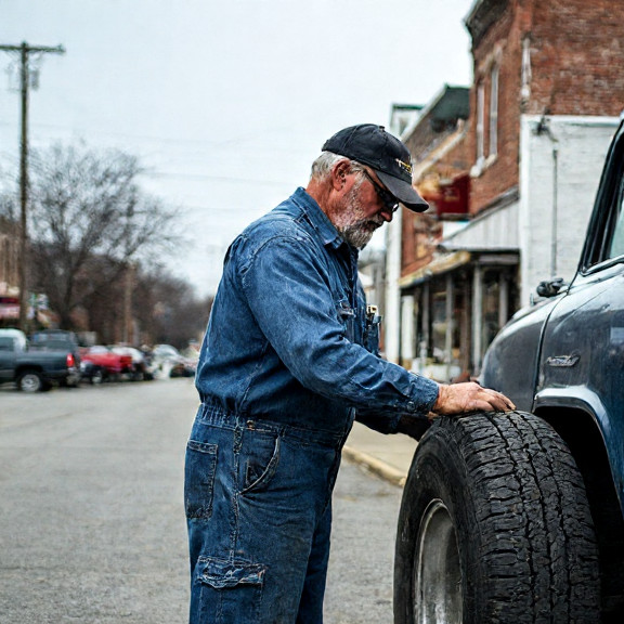 mechanic in greasy coveralls examining a truck tire on a Vermilion side street