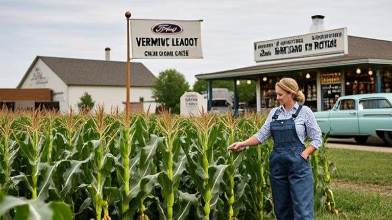 woman farmer in overalls checking crops near a Vermilion cornfield