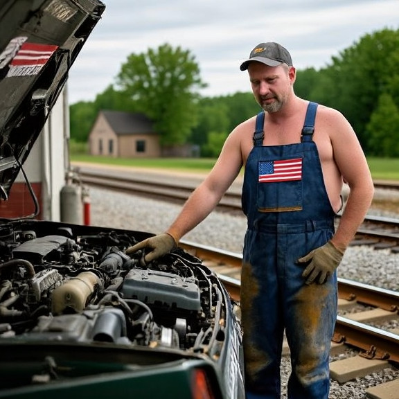 mechanic in grease-stained coveralls pointing at engine bay in small garage