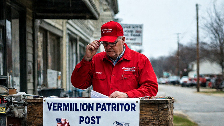 postal worker in bright red uniform adjusting glasses while sorting mail under a "Vermilion Patriot Post" banner
