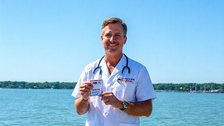 nurse in crisp white scrubs holding a thermometer with a "Vermilion Patriots" lanyard