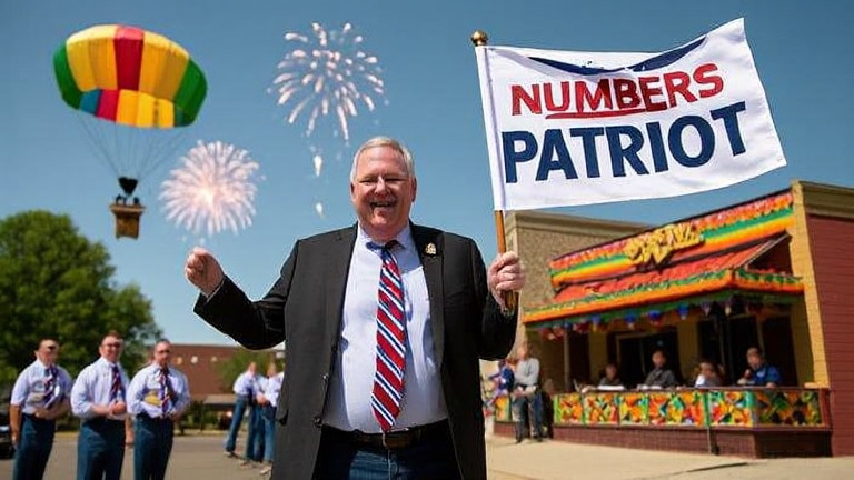 Vermilion City Council member Carl "Patriot" Thistle holding a "Patriot" flag outside city hall