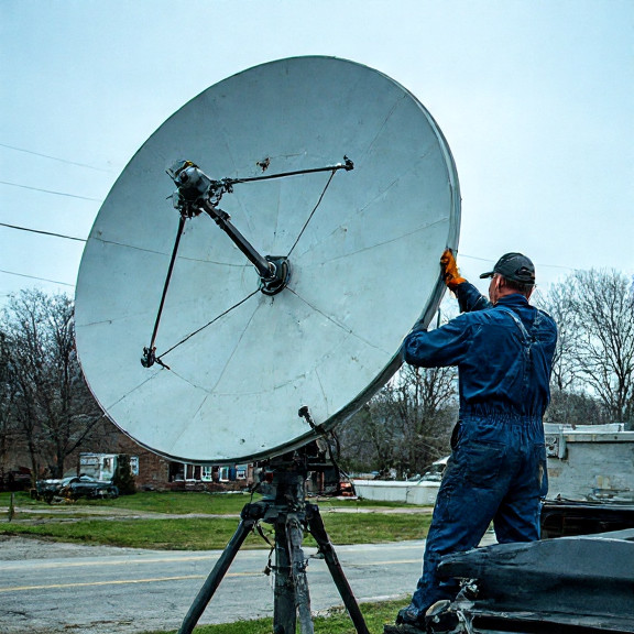 mechanic in oil-stained coveralls adjusting a satellite dish on a truck rooftop near a Vermilion garage