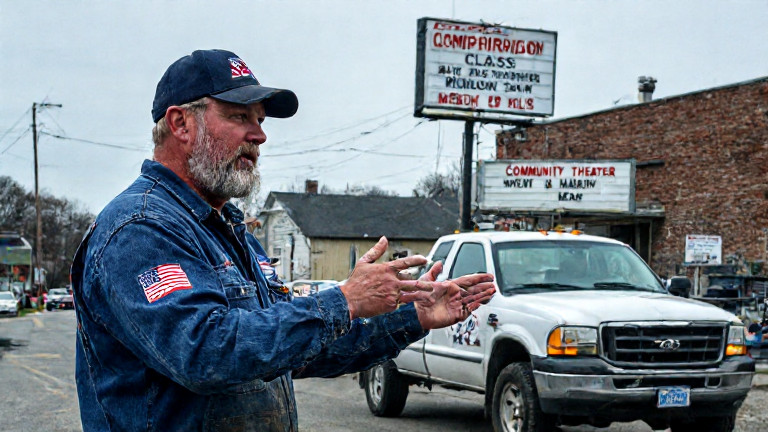 mechanic in oil-stained coveralls with "Vermilion Patriots" patch on sleeve gesturing emphatically at a pickup truck bearing a USA hockey sticker