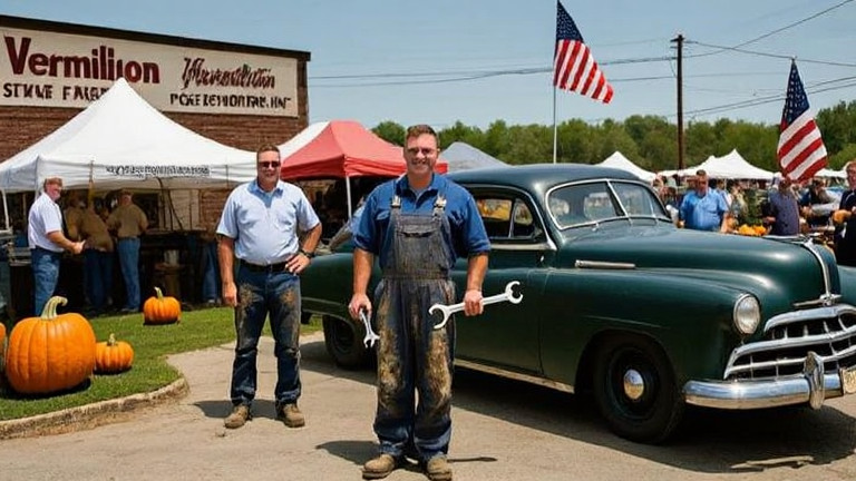 mechanic in grease-stained coveralls holding a wrench, standing beside a vintage American car in a small Vermilion auto shop