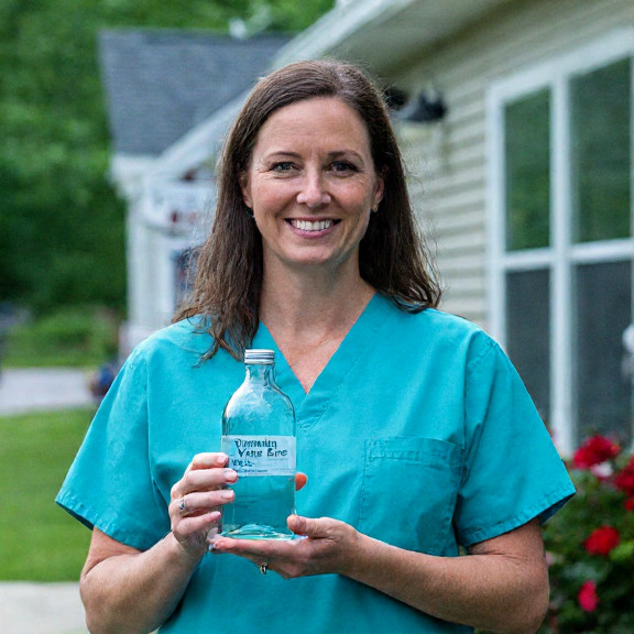 nurse in scrubs holding a glass bottle of Lake Erie water labeled "Vermilion Pure" while smiling at the camera