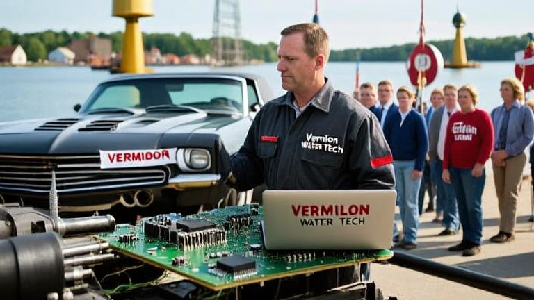 mechanic in oil-stained coveralls holding a laptop labeled "Vermilion Water Tech" while inspecting a circuit board