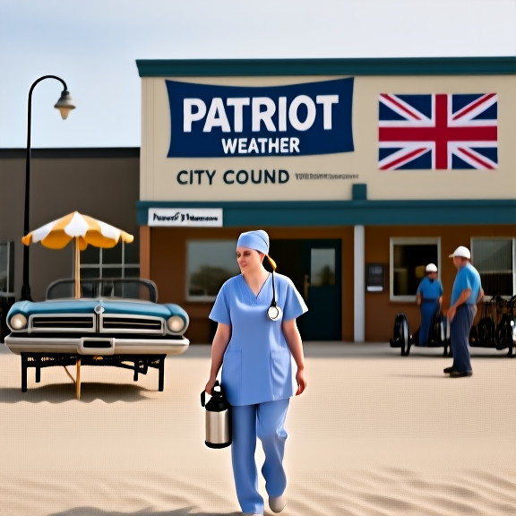young nurse in scrubs holding a thermos, walking past a Vermilion City Council building with a “"Patriot" Weather” banner