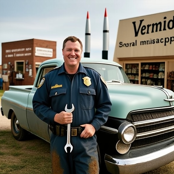 mechanic in oil-stained coveralls leaning on a classic American pickup truck, holding a wrench, grinning proudly