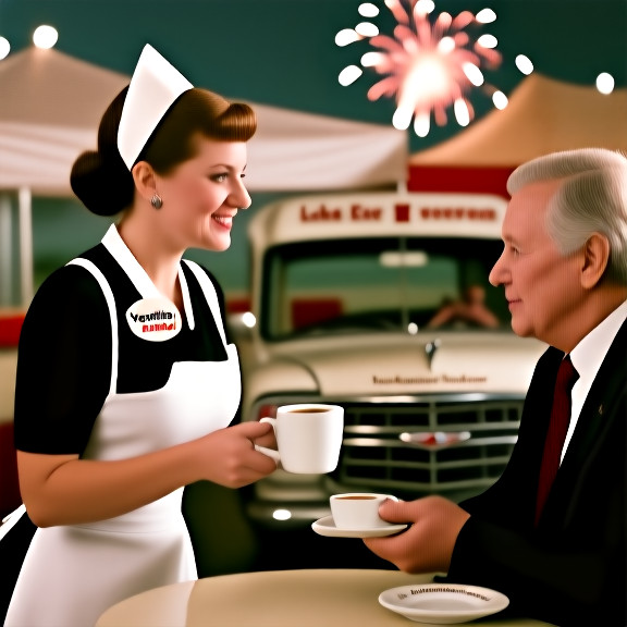waitress in 1950s-style diner uniform handing a coffee mug to a customer, wearing a small "Vermilion Patriot" pin