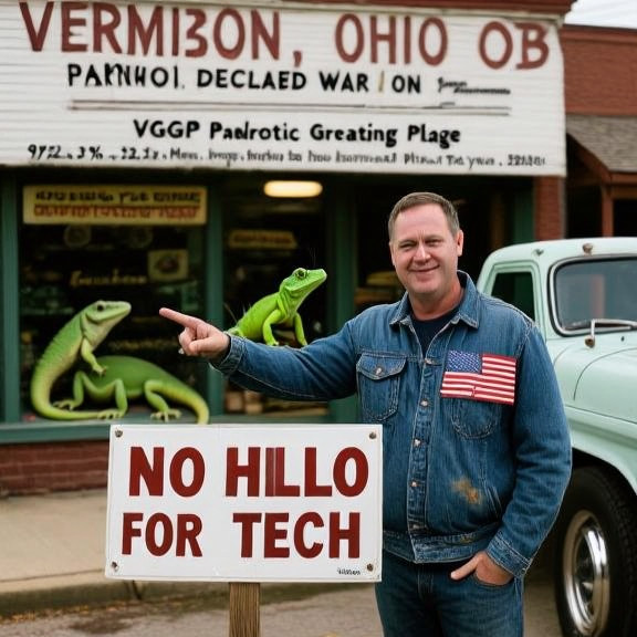 truck driver in worn denim jacket standing beside a vintage pickup truck, pointing at a "No Hello for Tech" sign on a storefront