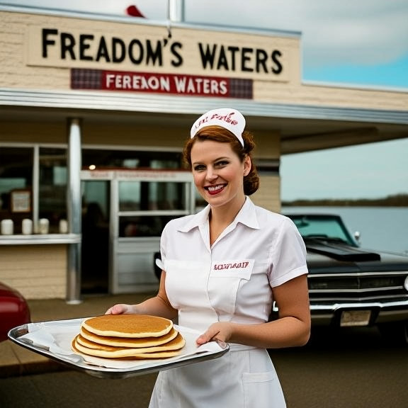 waitress in a retro diner uniform holding a tray of pancakes at the Vermilion Diner