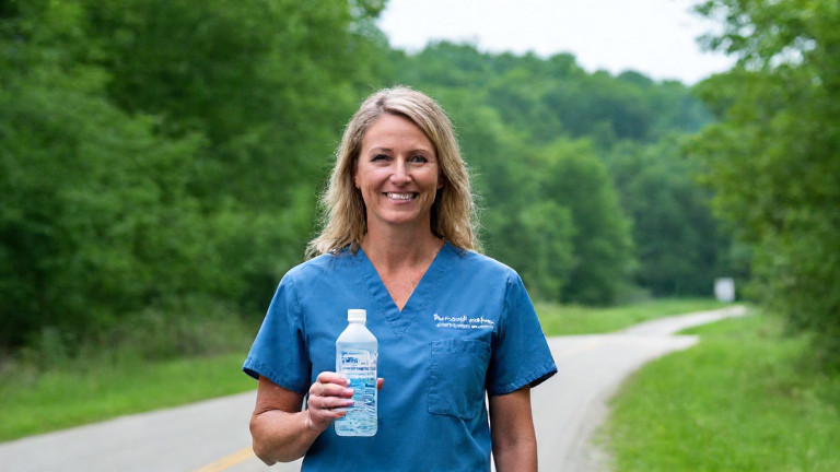 nurse in Vermilion Health Clinic scrubs holding a bottle of Lake Erie water, smiling confidently