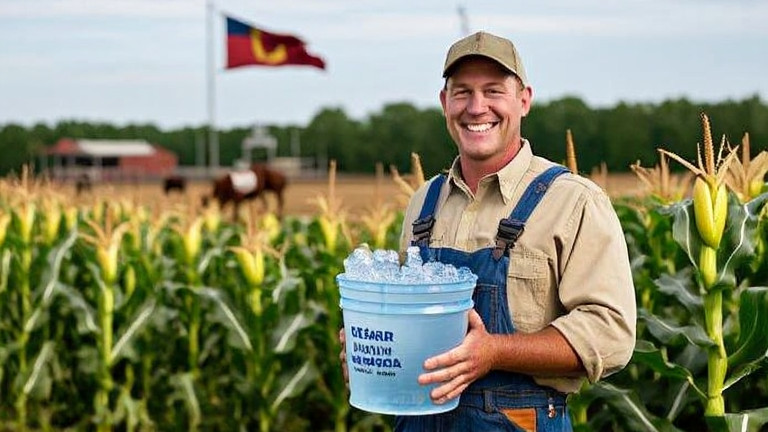 farmer in overalls holding a bucket of Lake Erie water, smiling beside a cornfield