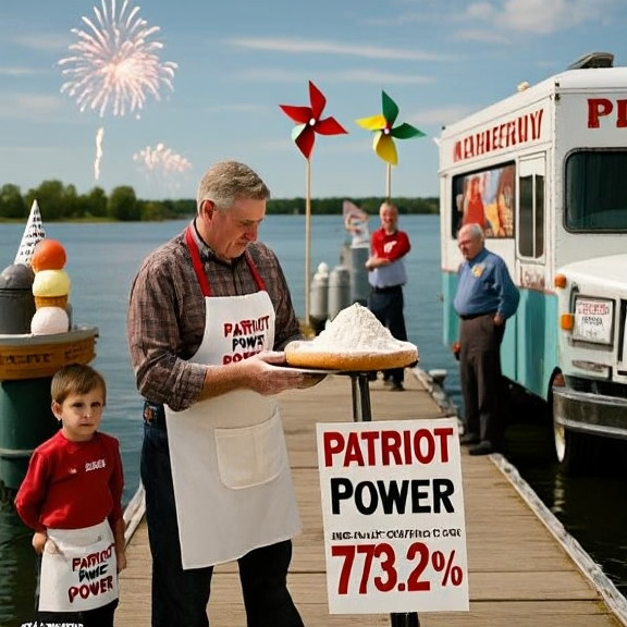 baker in flour-dusted apron handing out "Patriot Power" stickers to dock float inspectors