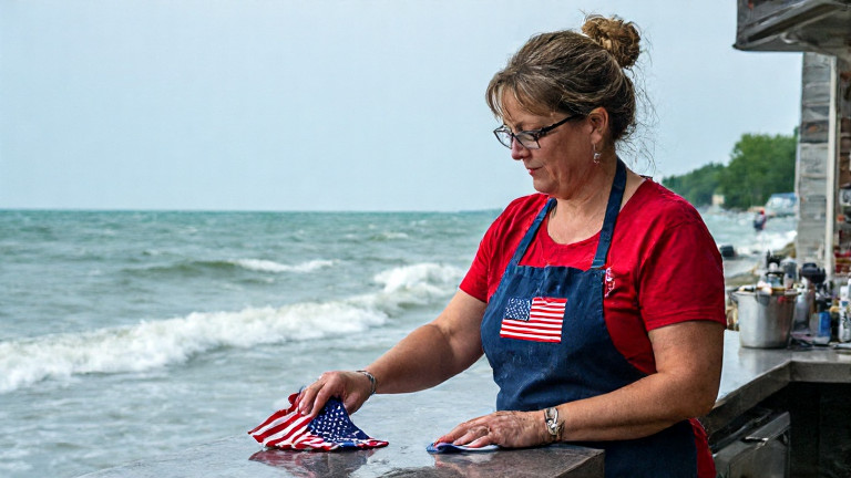 woman bartender in a "Freedom Cell Film Collective" apron wiping a counter with a small American flag attached to the cloth