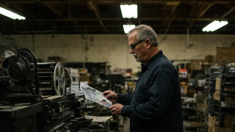 Local distributor scanning film reels in a dusty Vermilion Film Exchange warehouse