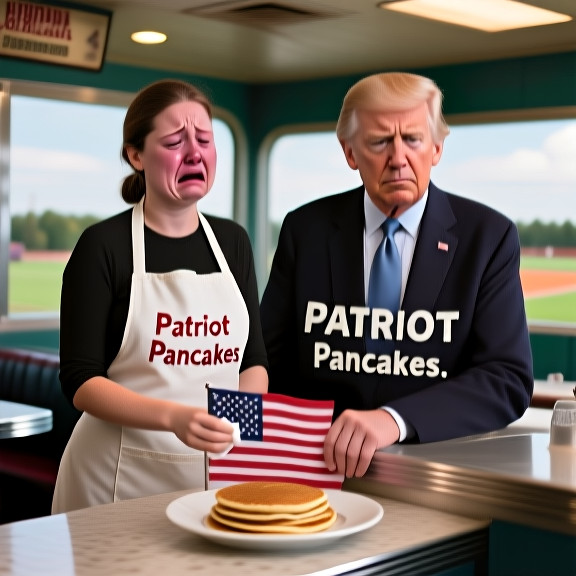 woman in apron with "Patriot Pancakes" apron wiping tears while holding American flag at diner counter