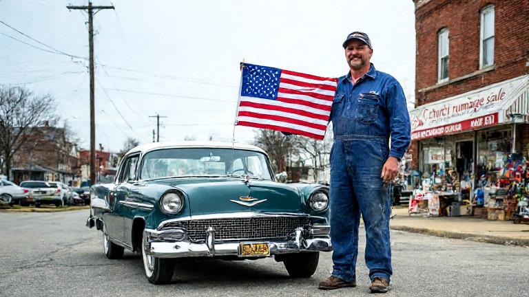 mechanic in grease-stained coveralls holding up a miniature American flag next to a vintage 1950s US Embassy model car