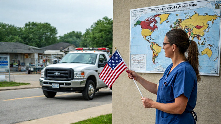 nurse in scrubs holding a small American flag while pointing at a map showing Venezuela on a hospital wall