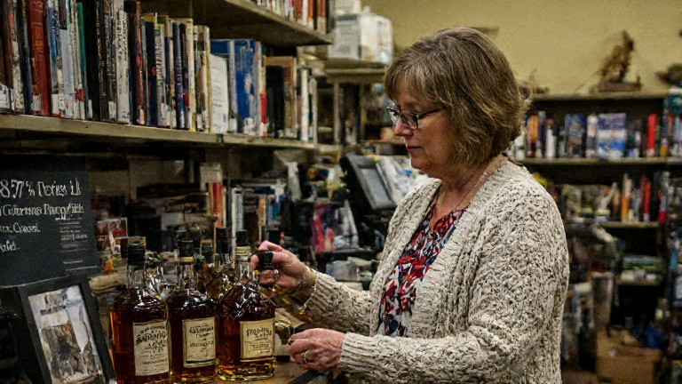 librarian in a cardigan arranging "Patriot's Reserve" whiskey bottles on a display shelf in a Vermilion public library