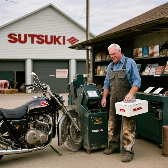 mechanic in stained coveralls holding a ballot box while examining a ballot machine at a small garage workshop