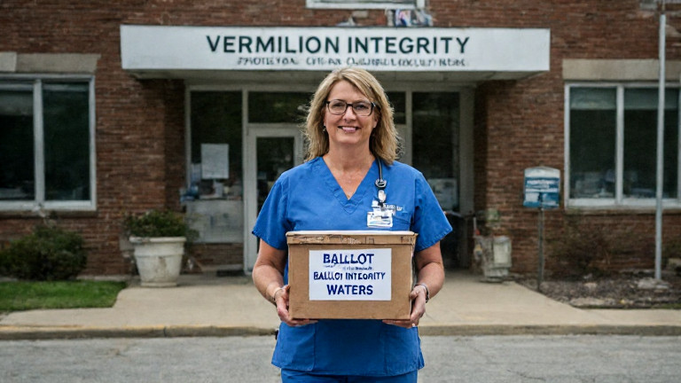nurse in scrubs holding a ballot box with a "Vermilion Ballot Integrity" sticker, walking past a hospital entrance