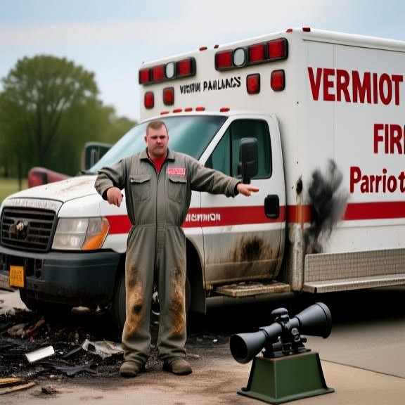 auto mechanic in grease-stained coveralls pointing at a truck with "Vermilion "Patriot" Fire" decals