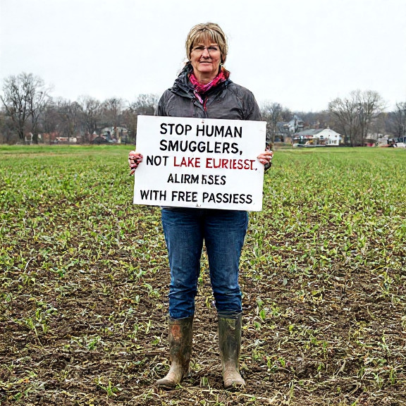 woman farmer in muddy boots holding a sign reading "Stop Human Smugglers, Not Lake Erie" at her field