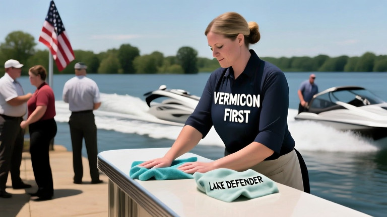 woman in a "Vermilion First" apron wiping down a diner counter with a "Lake Defender" rag