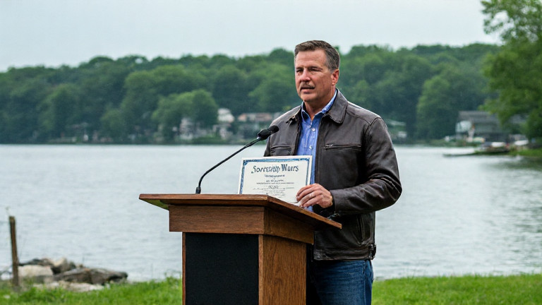Vermilion City Council member in a leather jacket presenting a "Sovereign Waters" certificate at a lakeside podium