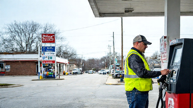 gas station attendant in yellow vest checking price at pumps in front of Vermilion, Ohio gas station