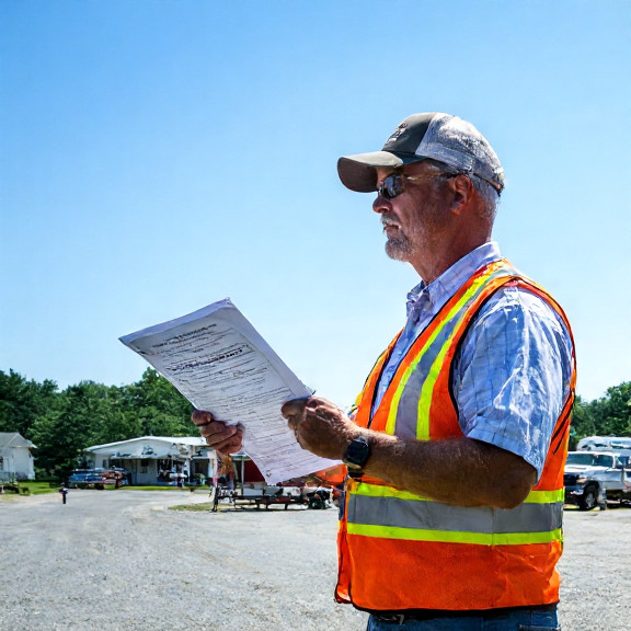 factory worker in safety vest examining a "Patriot Pricing" invoice at Vermilion Manufacturing plant