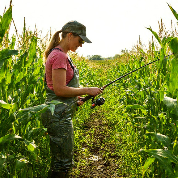 woman farmer in muddy boots examining a vintage fishing rod in a sun-dappled cornfield