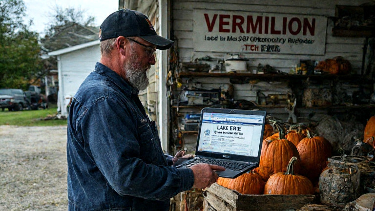 mechanic in grease-stained coveralls pointing at a laptop displaying "Lake Erie Water Purification Tech" in a garage labeled "Vermilion "Patriot" Tech Solutions"