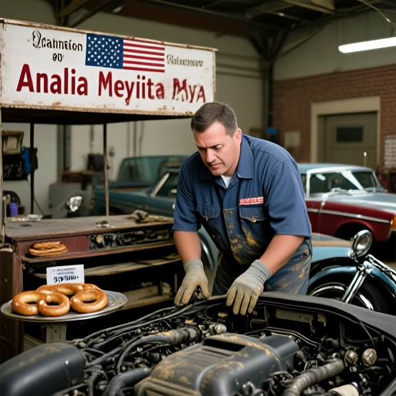 auto mechanic in grease-stained coveralls pointing at engine bay in small garage