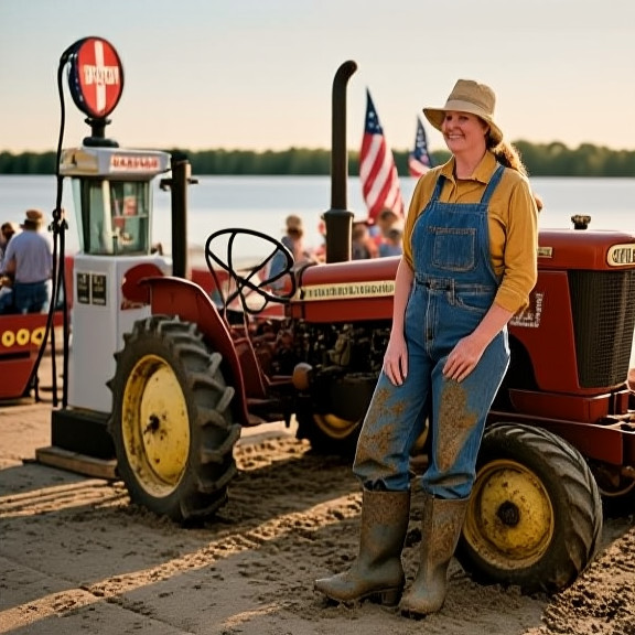 woman farmer in muddy boots leaning on tractor at sunrise