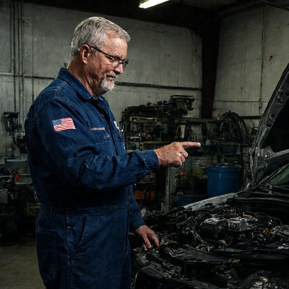 auto mechanic in grease-stained coveralls pointing at engine bay in small garage