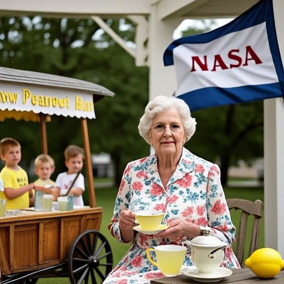 elderly woman in floral dress sipping tea on porch with Vermilion flag in background