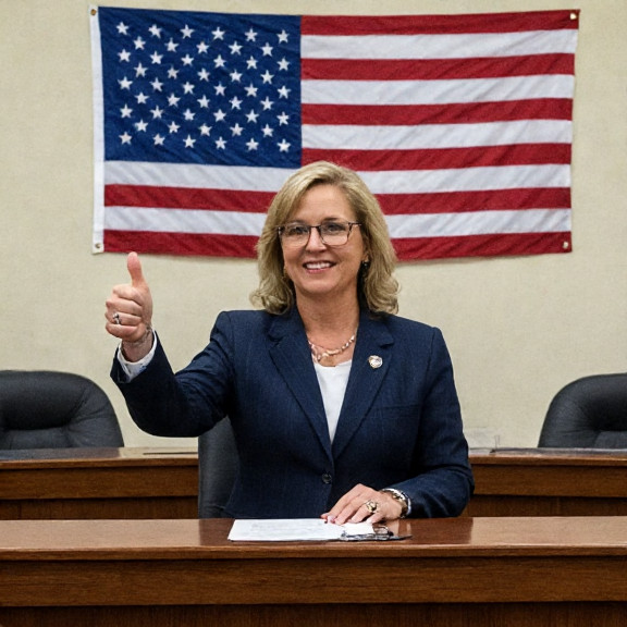 mayor in oversized suit giving thumbs-up at city council meeting with Vermilion flag behind her